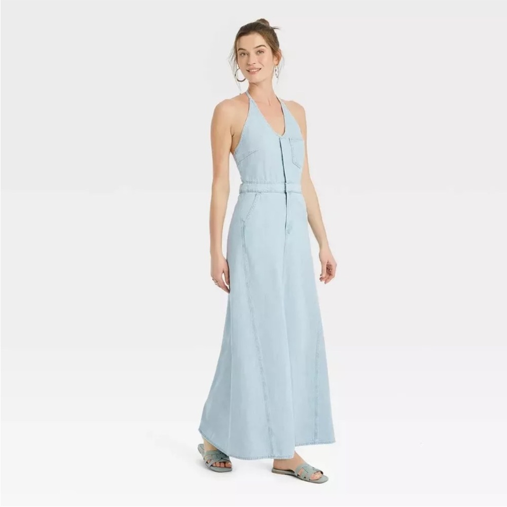 Women's Halter Neck Denim Maxi Dress with Pockets Universal Thread Light Blue 12